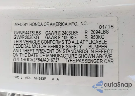 2018 Honda Accord Ex-L 2.0T from USA, damaged, VIN 1HGCV2F64JA016737
